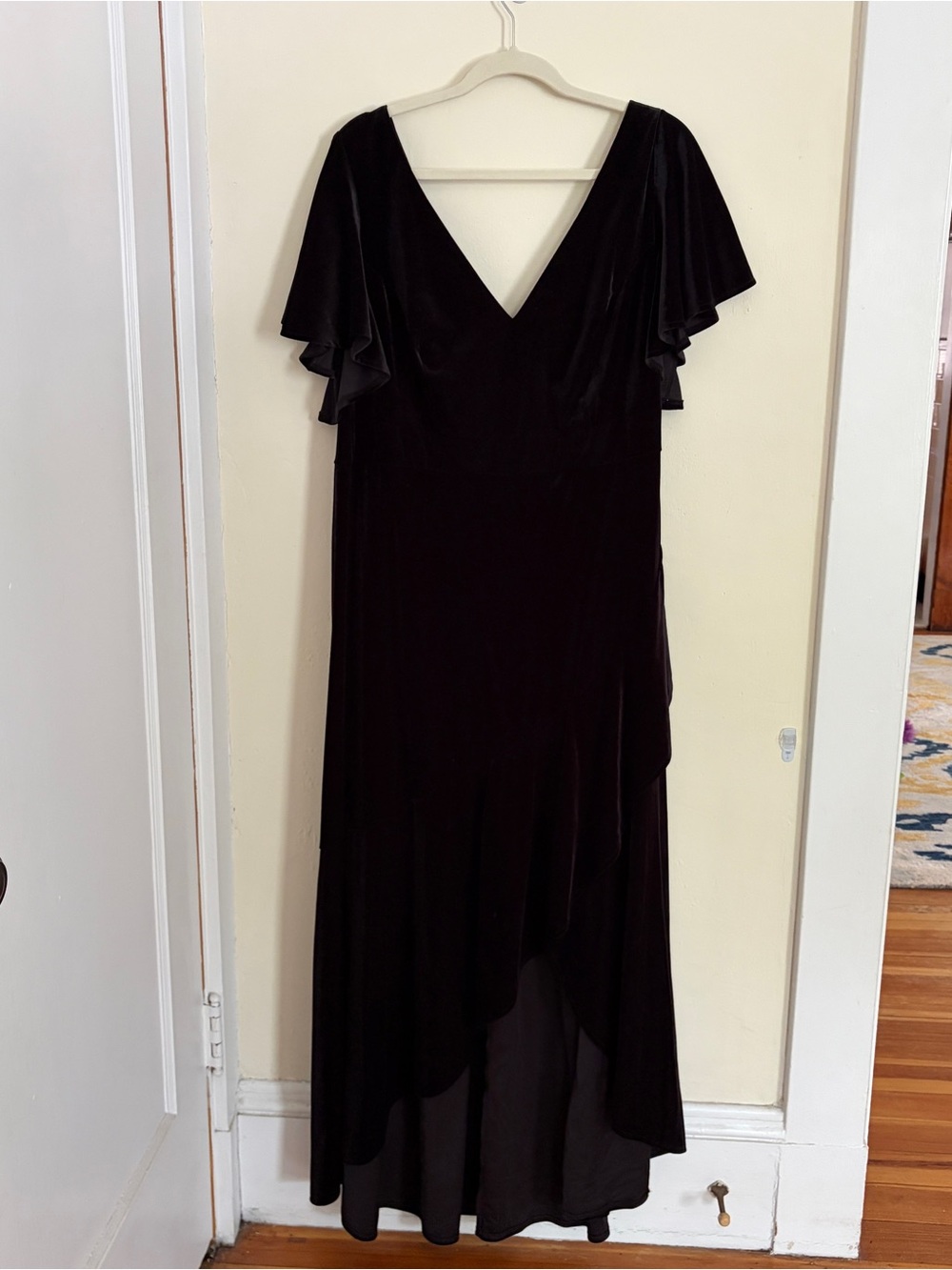 Velvety black flutter sleeve dress
